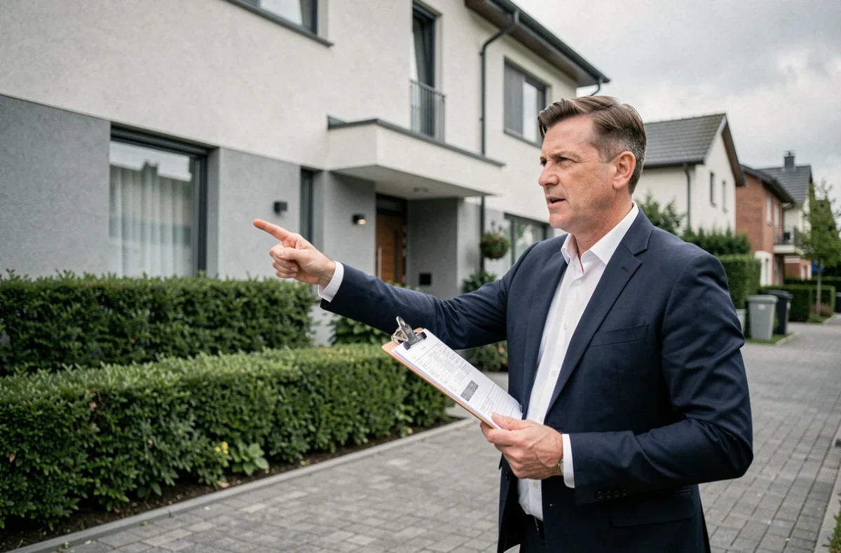 Agent immobilier présentant une maison résidentielle moderne lors d'une visite de bien en 2024