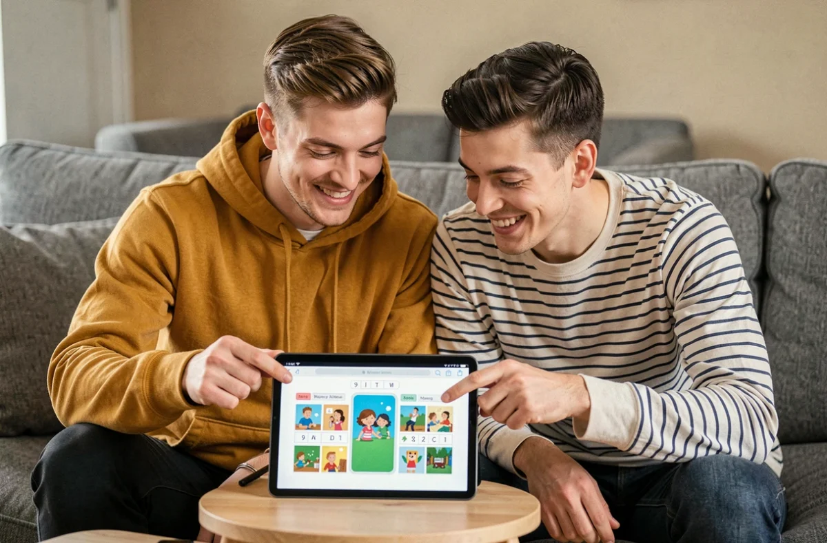 Deux amis jouant ensemble à 4 Images 1 Mot sur une tablette dans un salon