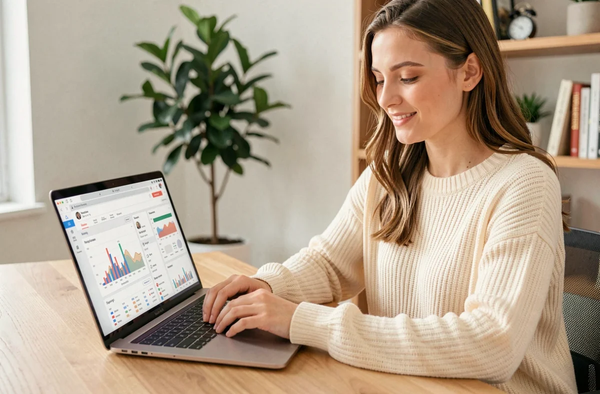 Jeune femme analysant ses statistiques Instagram sur un ordinateur portable dans un bureau moderne à domicile