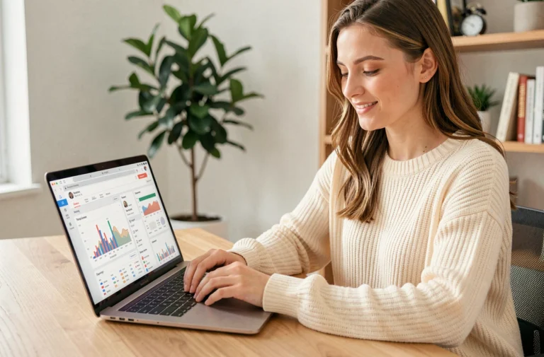 Jeune femme analysant ses statistiques Instagram sur un ordinateur portable dans un bureau moderne à domicile