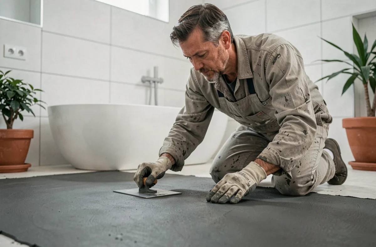 Artisan appliquant du béton ciré anthracite au spalter dans une salle de bain contemporaine avec baignoire îlot