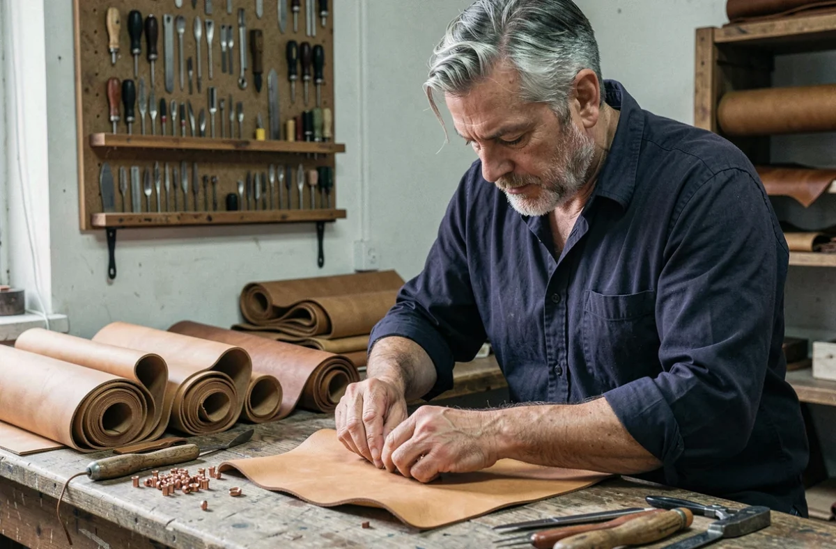 Artisan maroquinier français façonnant du cuir dans son atelier parisien avec des outils traditionnels
