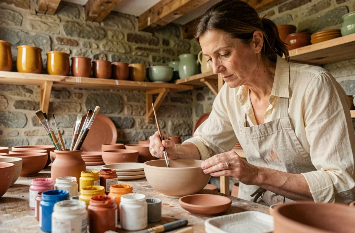 Artisane française peignant à la main un bol en céramique dans son atelier en pierre avec des étagères de poteries colorées