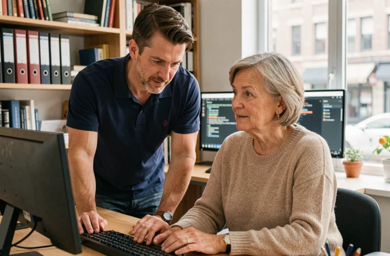 Technicien informatique aidant une femme à résoudre un problème sur son ordinateur de bureau à domicile