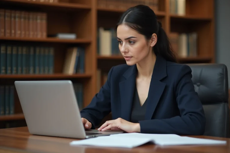 Femme avocate consultant des documents juridiques sur la protection des droits à l'image et des vidéos volées en France