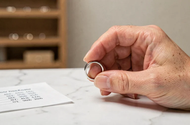 Main de femme tenant une bague en argent de taille 9 au-dessus d'un tableau de correspondance des tailles sur marbre blanc