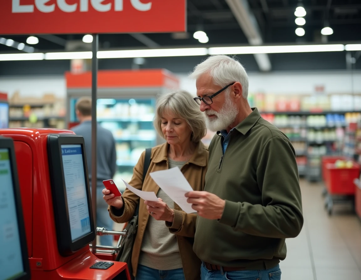 Couple utilisant une carte de fidélité Leclerc à une caisse automatique en hypermarché