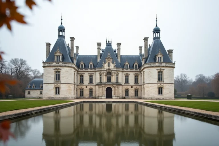 Vue panoramique du Château de Chambord depuis le bassin principal, reflet du château sur l'eau, architecture Renaissance française