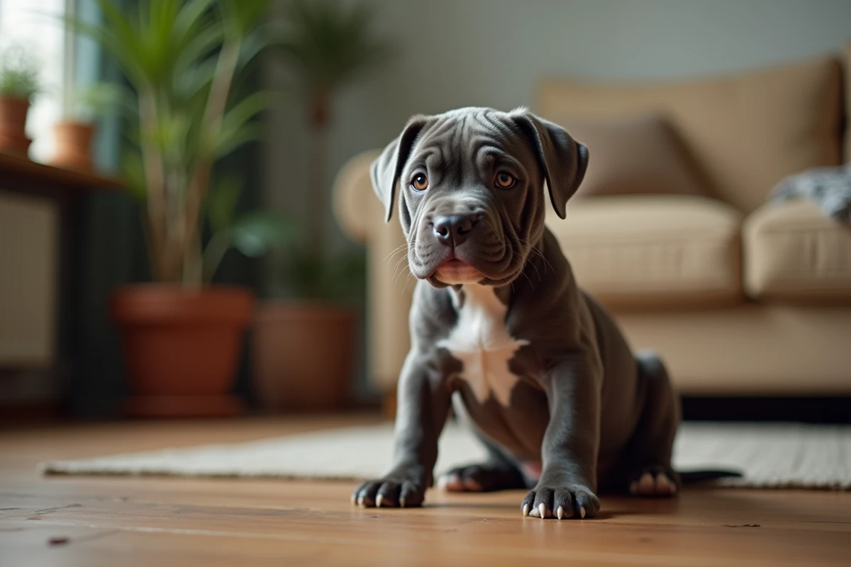 Chiot Pocket American Bully au pelage bleu bringé assis sur un plancher en bois dans un salon chaleureux