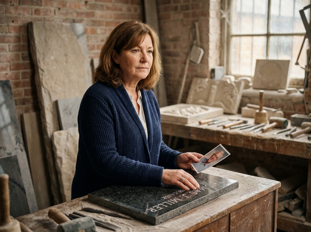 Femme consultant un artisan marbrier pour choisir une plaque funéraire personnalisée en tenant une photo de son proche