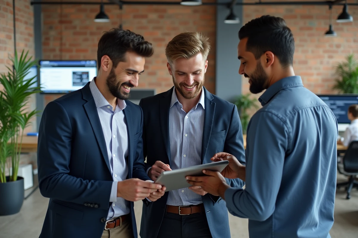 Groupe de collègues discutant des tendances et actualités en ligne sur une tablette dans un open space moderne