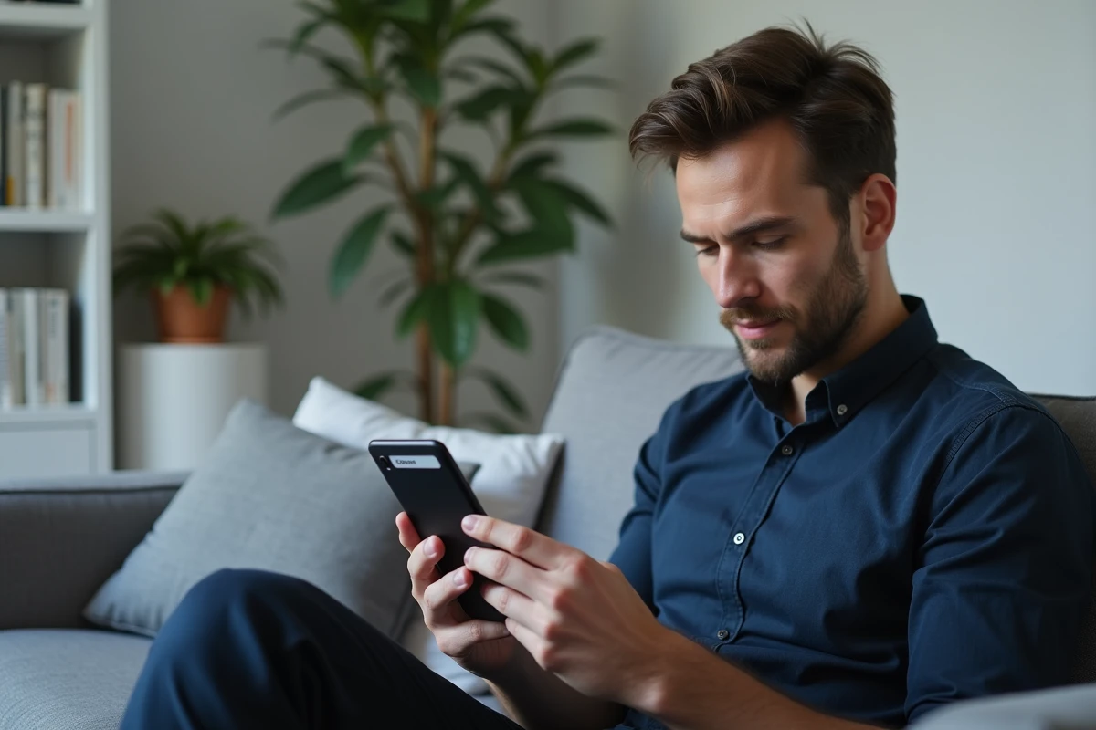 Homme consultant une application de chat en ligne sur smartphone dans un salon minimaliste