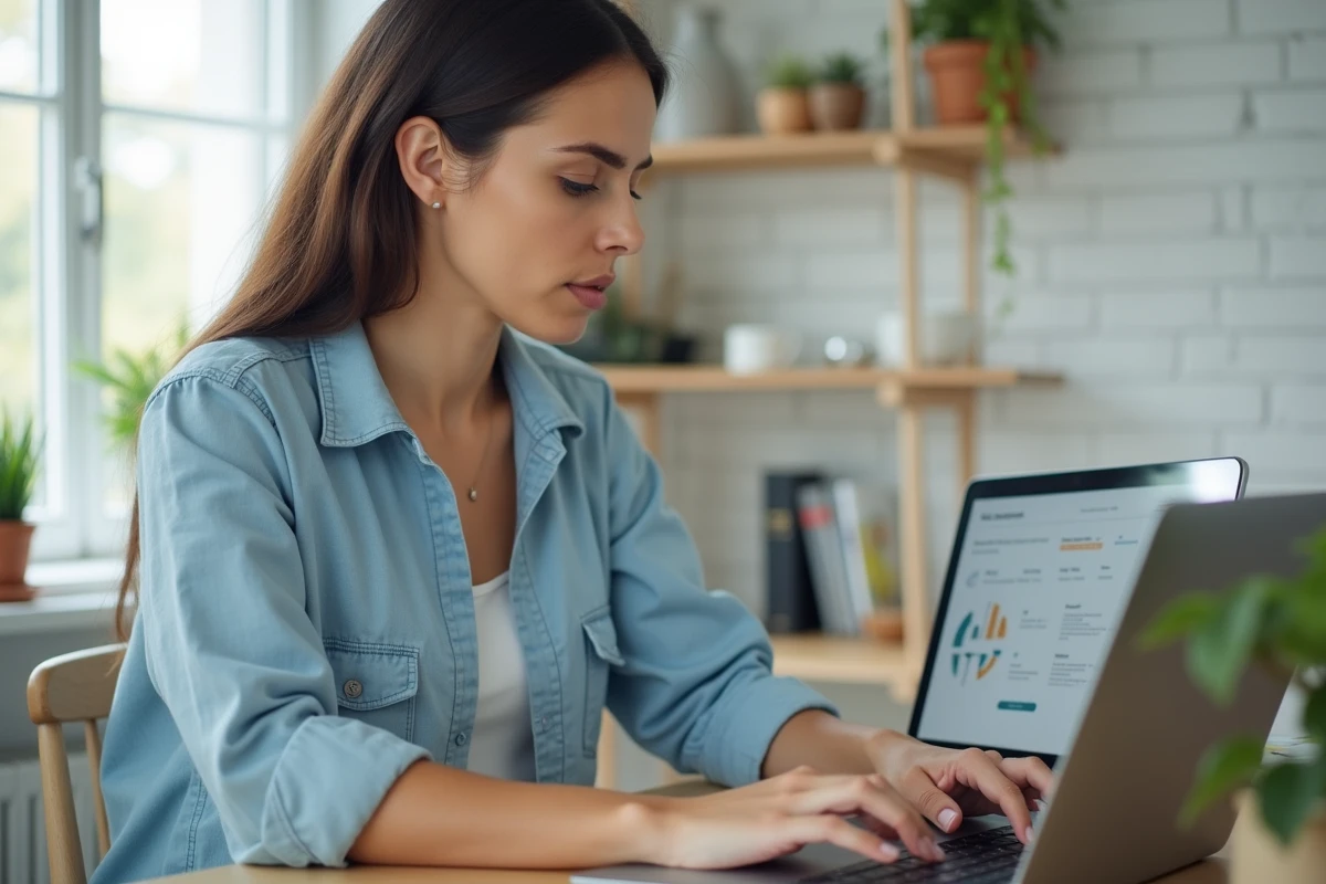 Femme connectée à son espace client Siblu Connect sur un ordinateur portable depuis son bureau à domicile