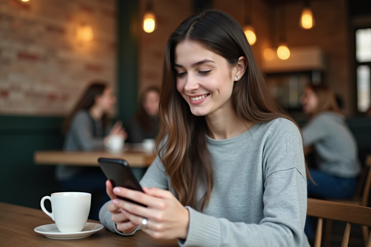 Jeune femme connectée à un site de chat sur mobile dans un café moderne