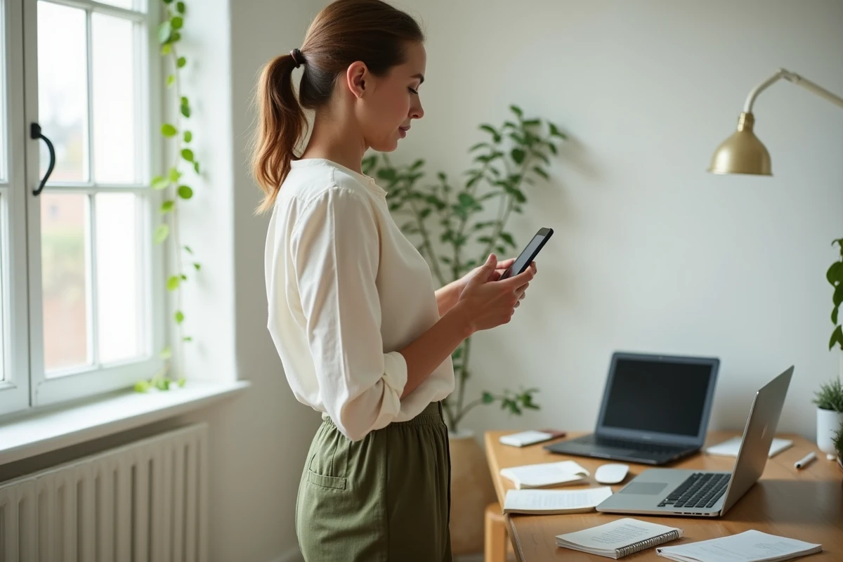 Femme utilisant son smartphone pour se connecter à un site de tchat depuis son bureau à domicile