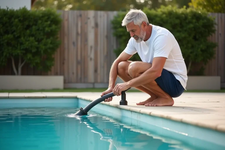 Homme connectant un tuyau d'aspirateur à la prise balai d'une piscine résidentielle pour un nettoyage efficace