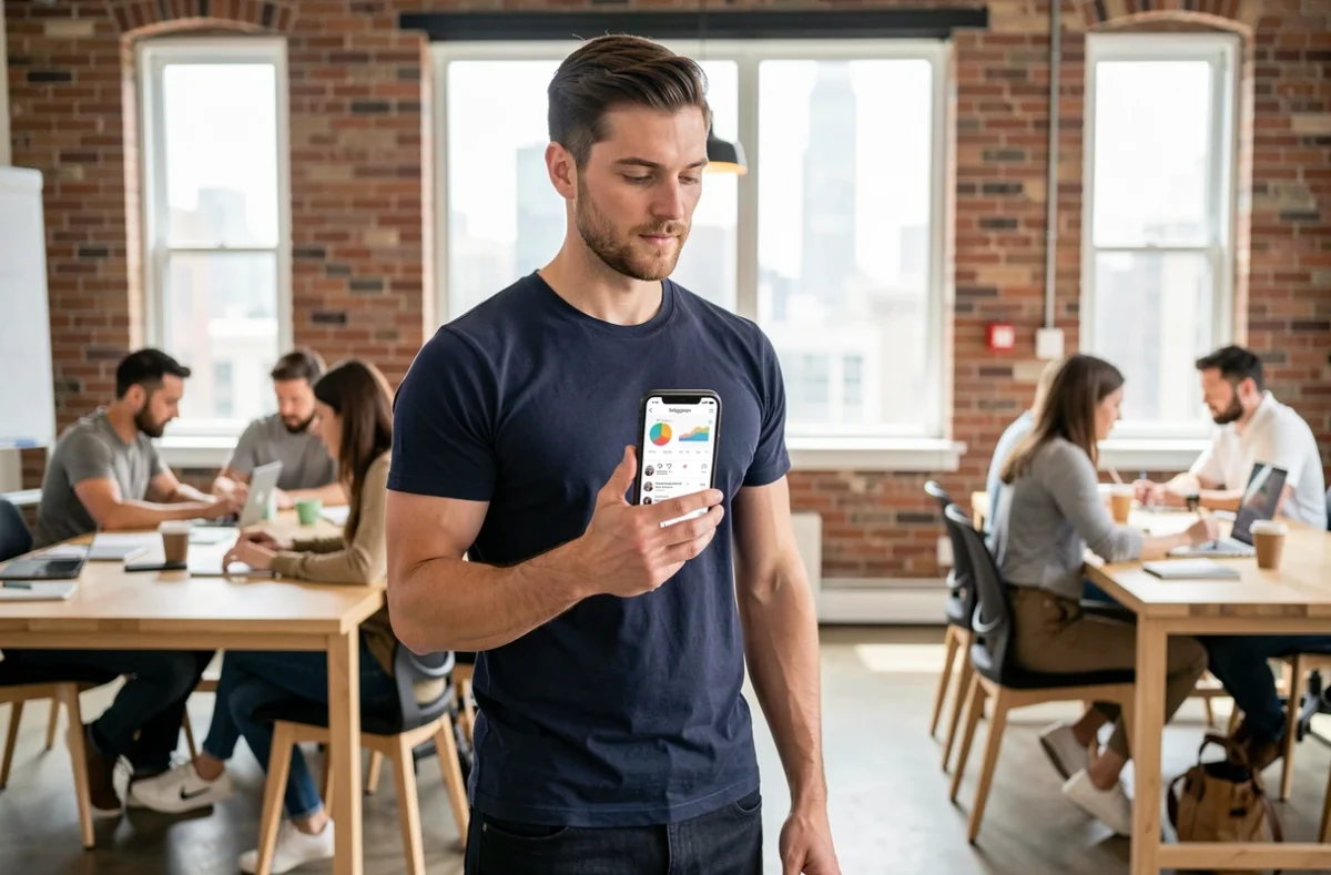 Homme consultant les analytics de son profil Instagram sur smartphone dans un espace de coworking urbain