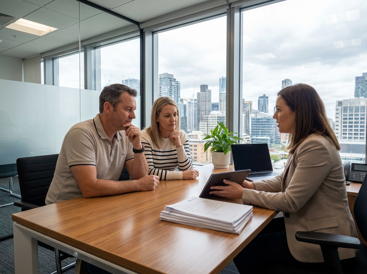 Couple discutant avec conseiller immobilier dans un bureau