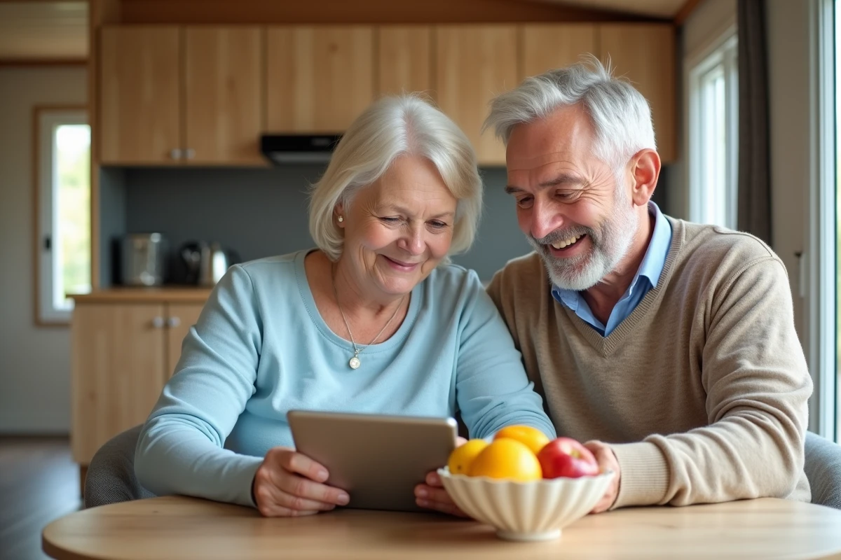 Couple gérant leur espace client Siblu Connect sur tablette à l'intérieur d'un mobil-home de vacances