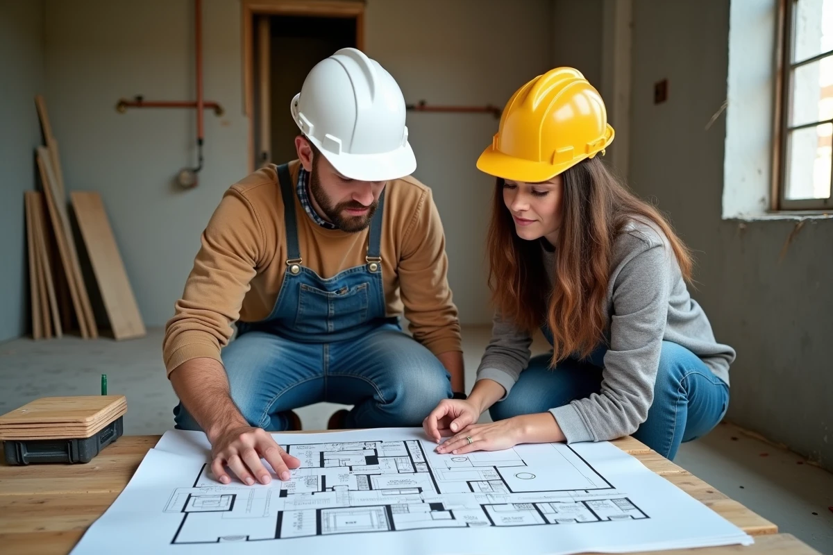 Couple de propriétaires étudiant un plan de rénovation dans une cuisine en cours de travaux d'aménagement