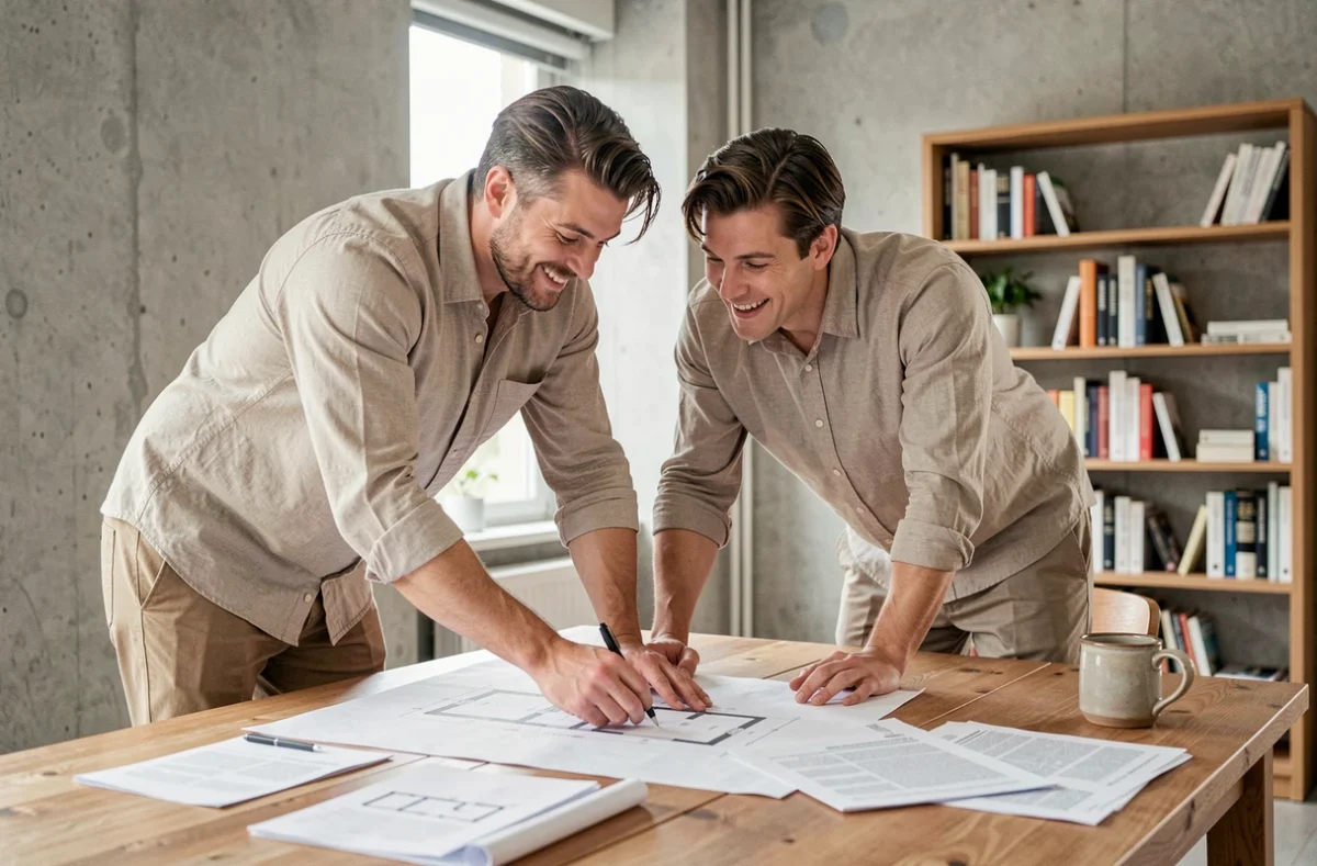 Couple étudiant des plans immobiliers et documents de projet à leur domicile en 2024