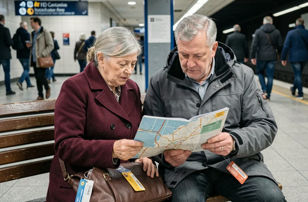 Deux seniors assis sur un banc de métro consultant une carte de transport régional avec leurs cartes senior visibles