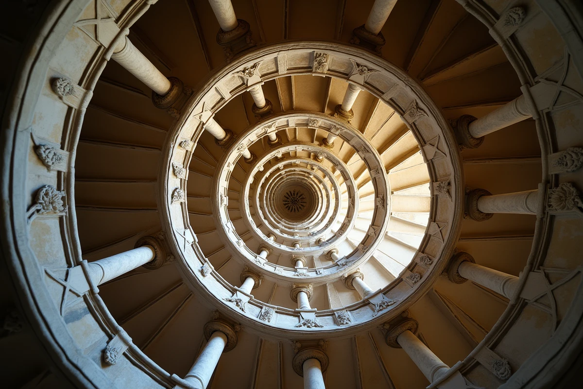 Dettaglio architettonico della scala a doppia rivoluzione del Castello di Chambord, scultura rinascimentale in pietra di tufo, patrimonio storico francese