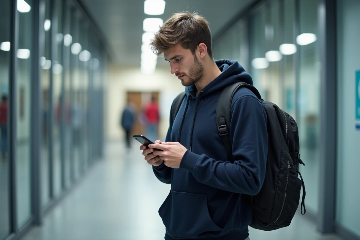 Étudiant consultant le portail Cristolink sur smartphone dans les couloirs de l'UFR de Santé de l'UPEC