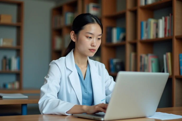 Étudiante en santé accédant au portail Cristolink sur un ordinateur portable dans une bibliothèque universitaire de l'UFR de Santé de l'UPEC