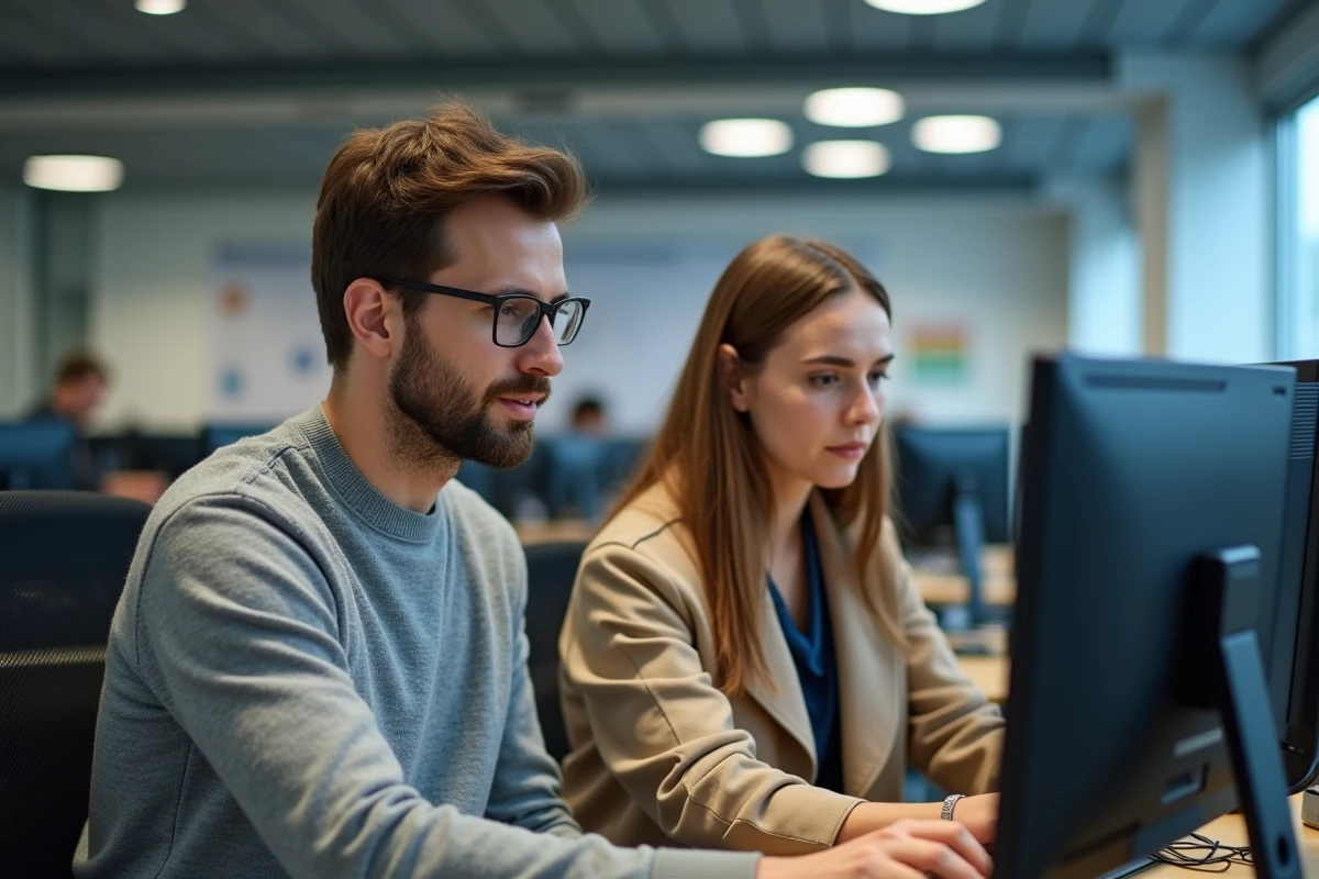 Deux étudiants en médecine collaborant sur le portail Cristolink dans une salle informatique de l'université UPEC