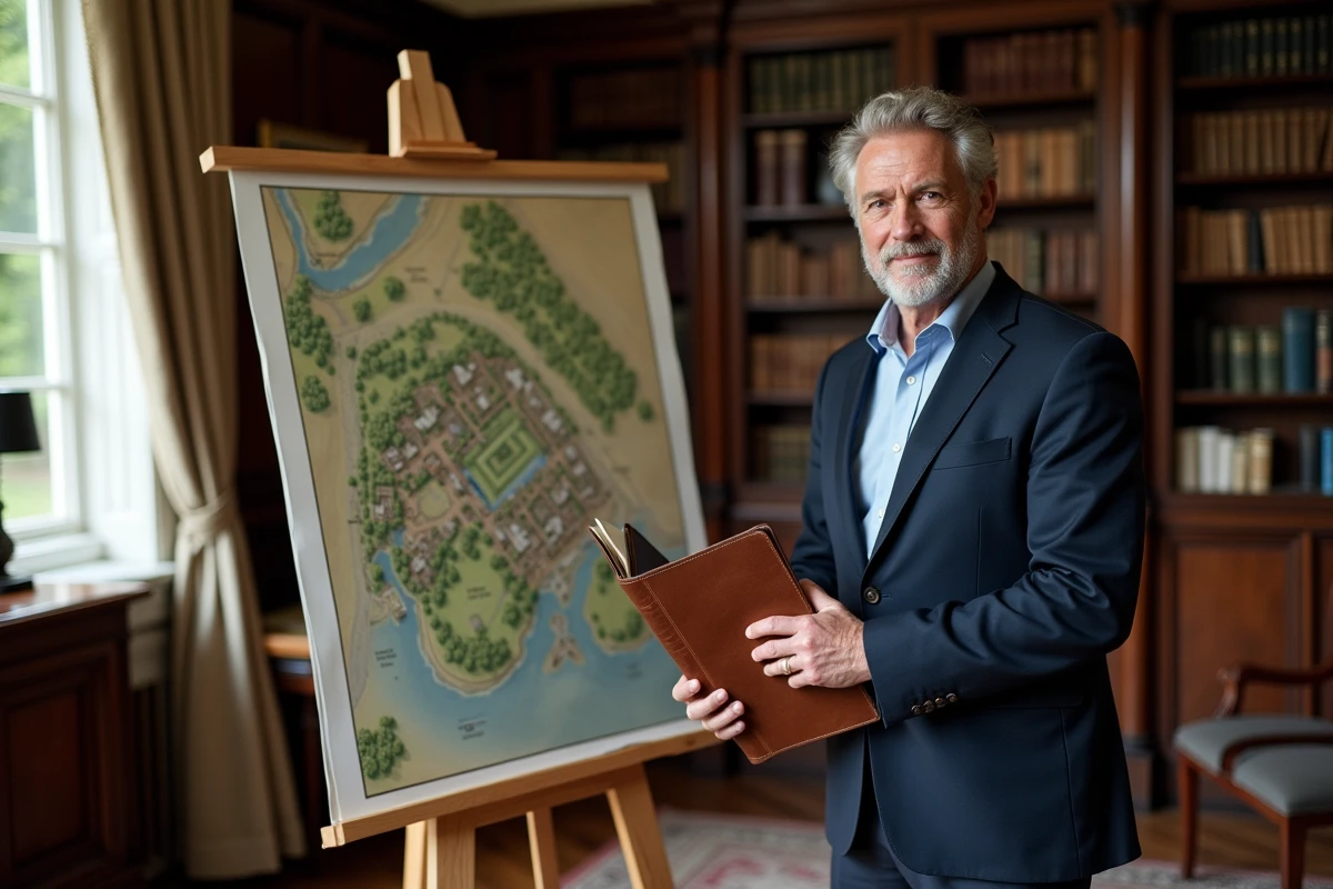 Esperto in patrimonio che analizza la mappa del Dominio di Chambord in un ufficio storico, stima immobiliare e valorizzazione del castello