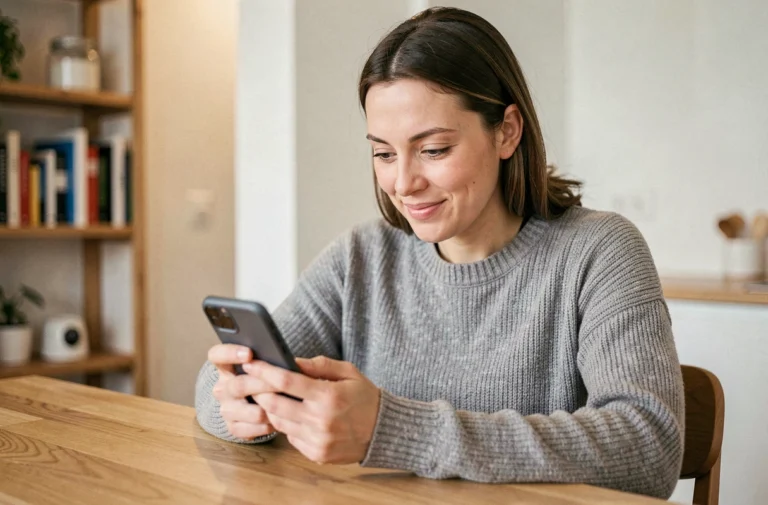 Femme jouant à 4 Images 1 Mot sur smartphone, cherchant un mot de 9 lettres