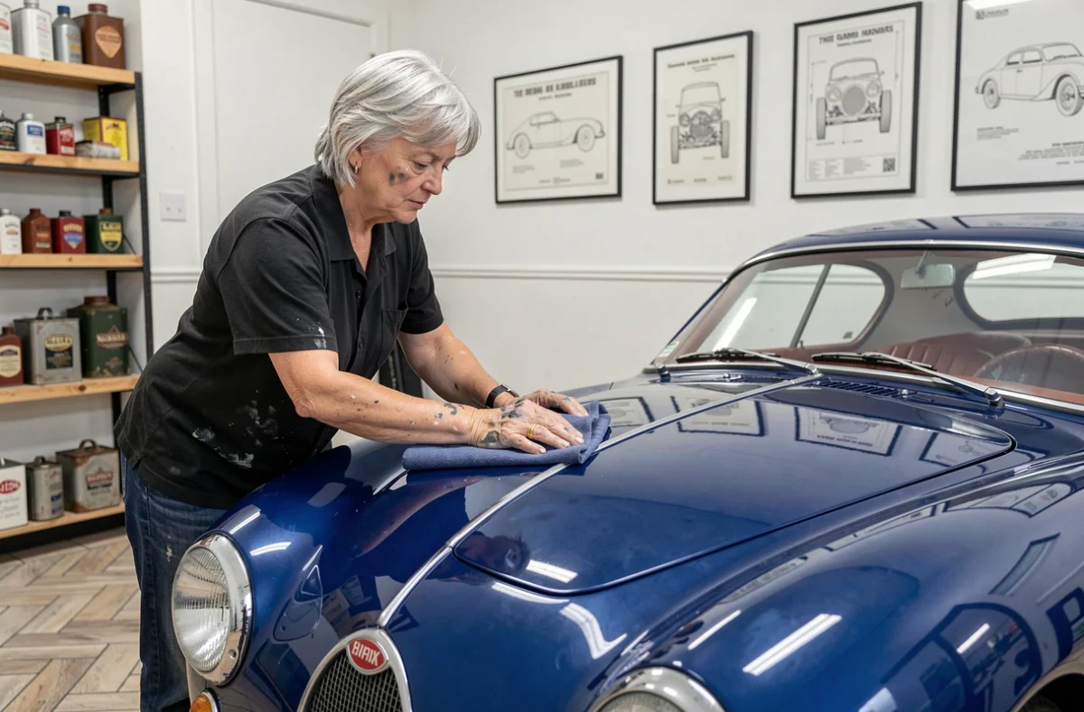 Femme passionnée polissant une Bugatti Type 57 bleue restaurée dans un garage privé soigné
