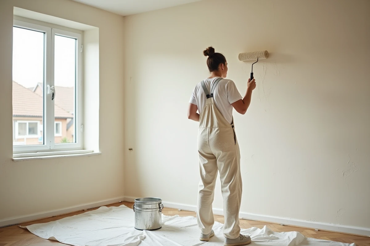 Femme appliquant de la peinture blanche au rouleau sur un mur lors de la rénovation d'une pièce vide