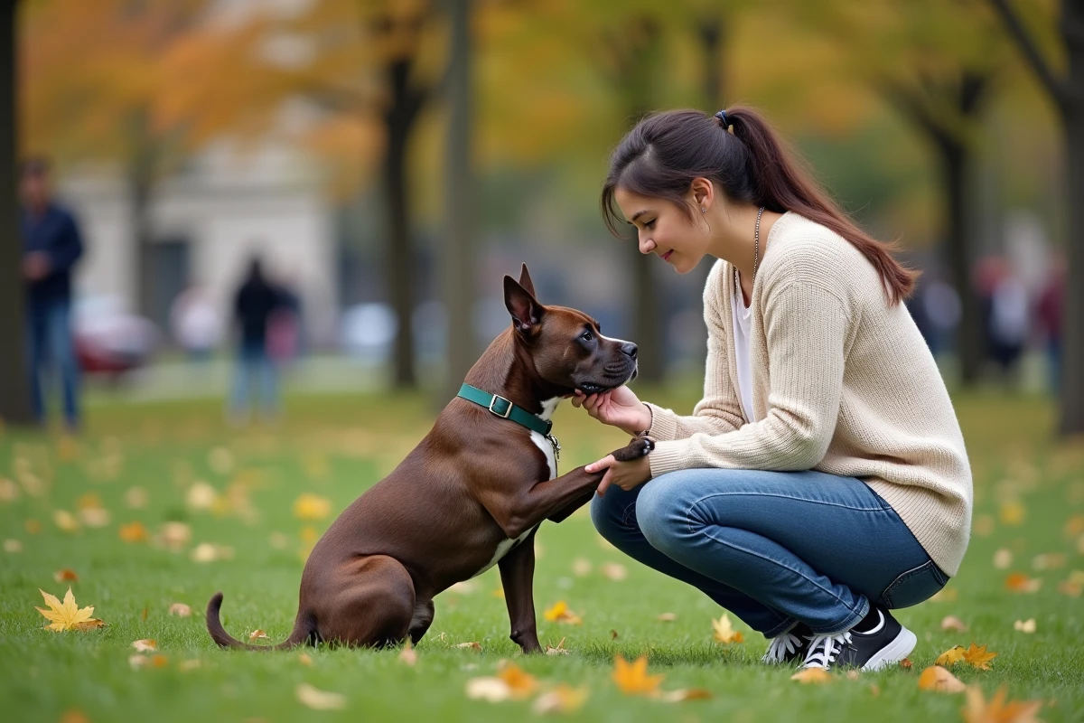 Jeune femme évaluant la santé d'un Pocket American Bully dans un parc urbain en automne