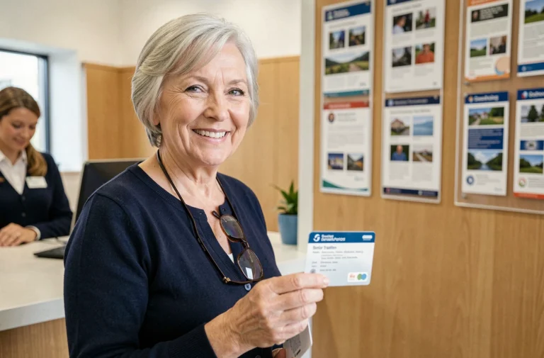 Une femme senior souriante tenant sa carte de transport gratuite à un guichet municipal