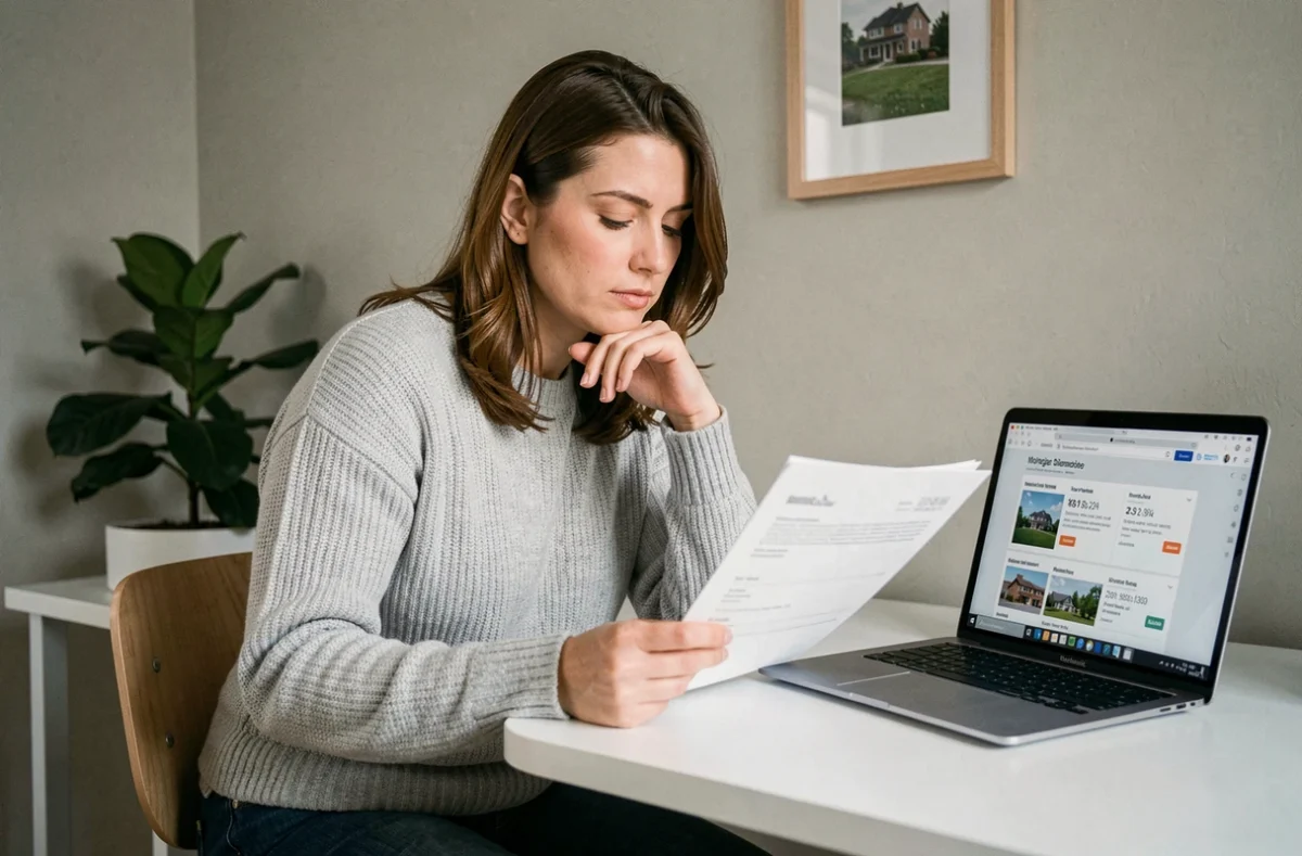 Femme analysant des simulations de prêt immobilier sur son bureau à domicile pour son projet 2024