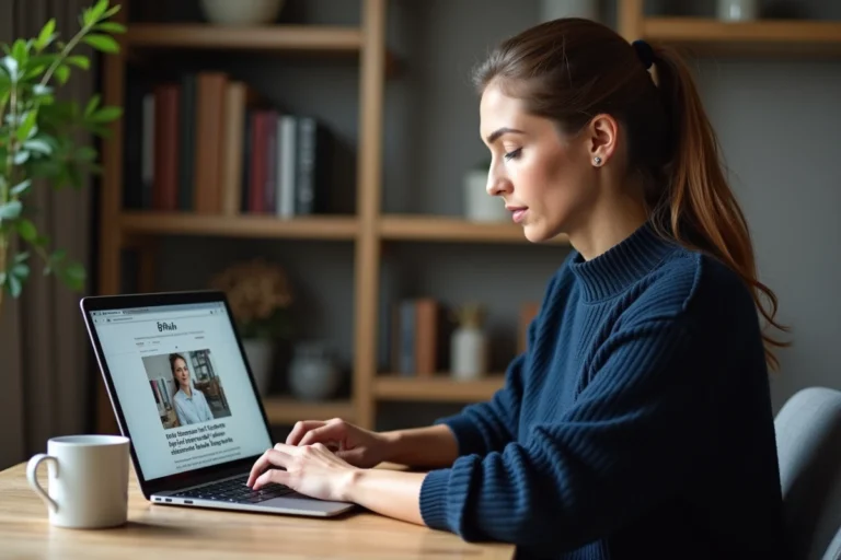 Femme consultant un site d'actualités en ligne sur son ordinateur portable dans un bureau à domicile moderne