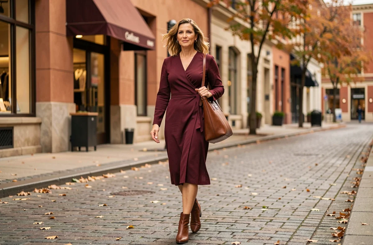 Femme active et tendance marchant dans une rue commerçante urbaine en automne avec un sac structuré