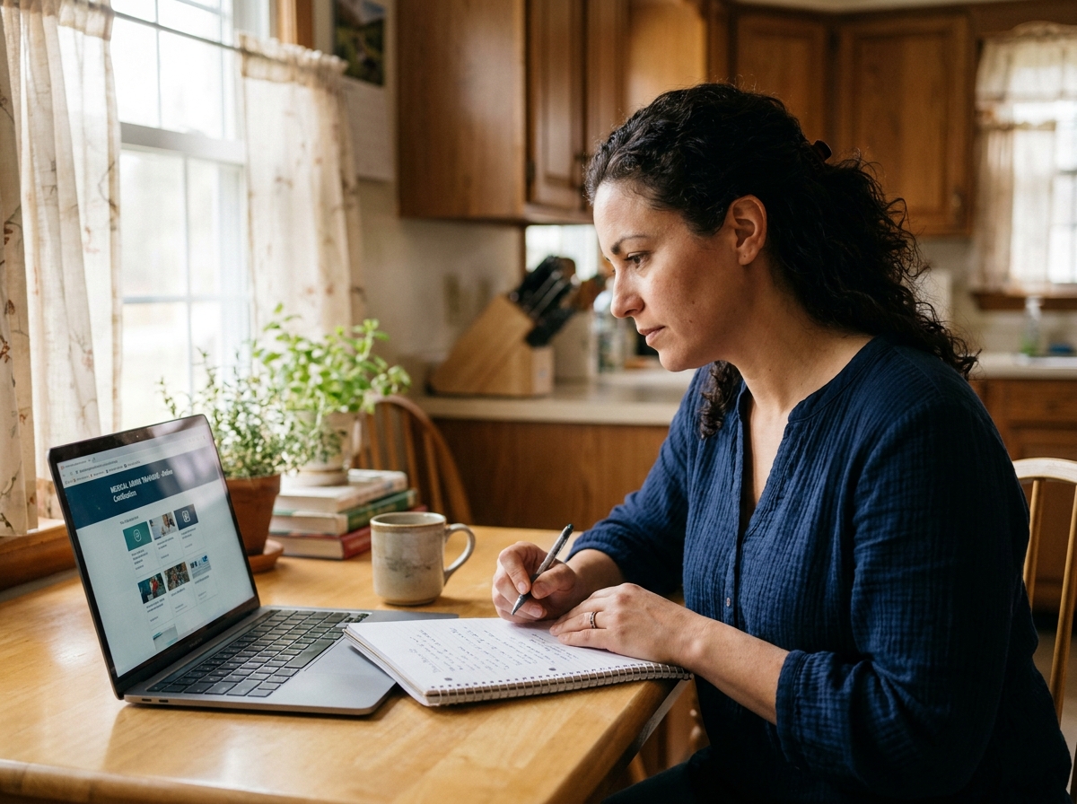 Femme en reconversion professionnelle étudiant en ligne pour devenir secrétaire médicale depuis chez elle