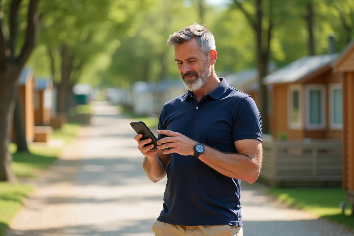Homme consultant son compte Siblu Connect sur smartphone dans un camping en plein air