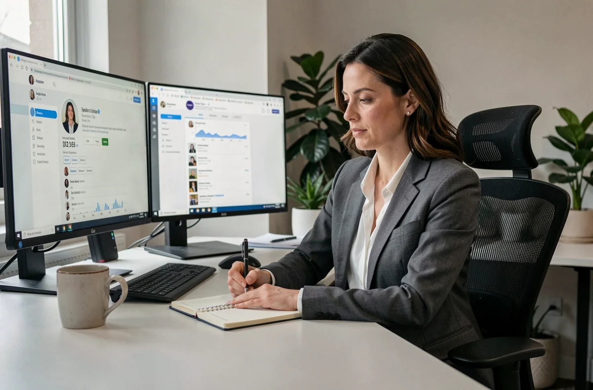 Social media manager prenant des notes devant un poste de travail double écran affichant des outils d'analyse Instagram