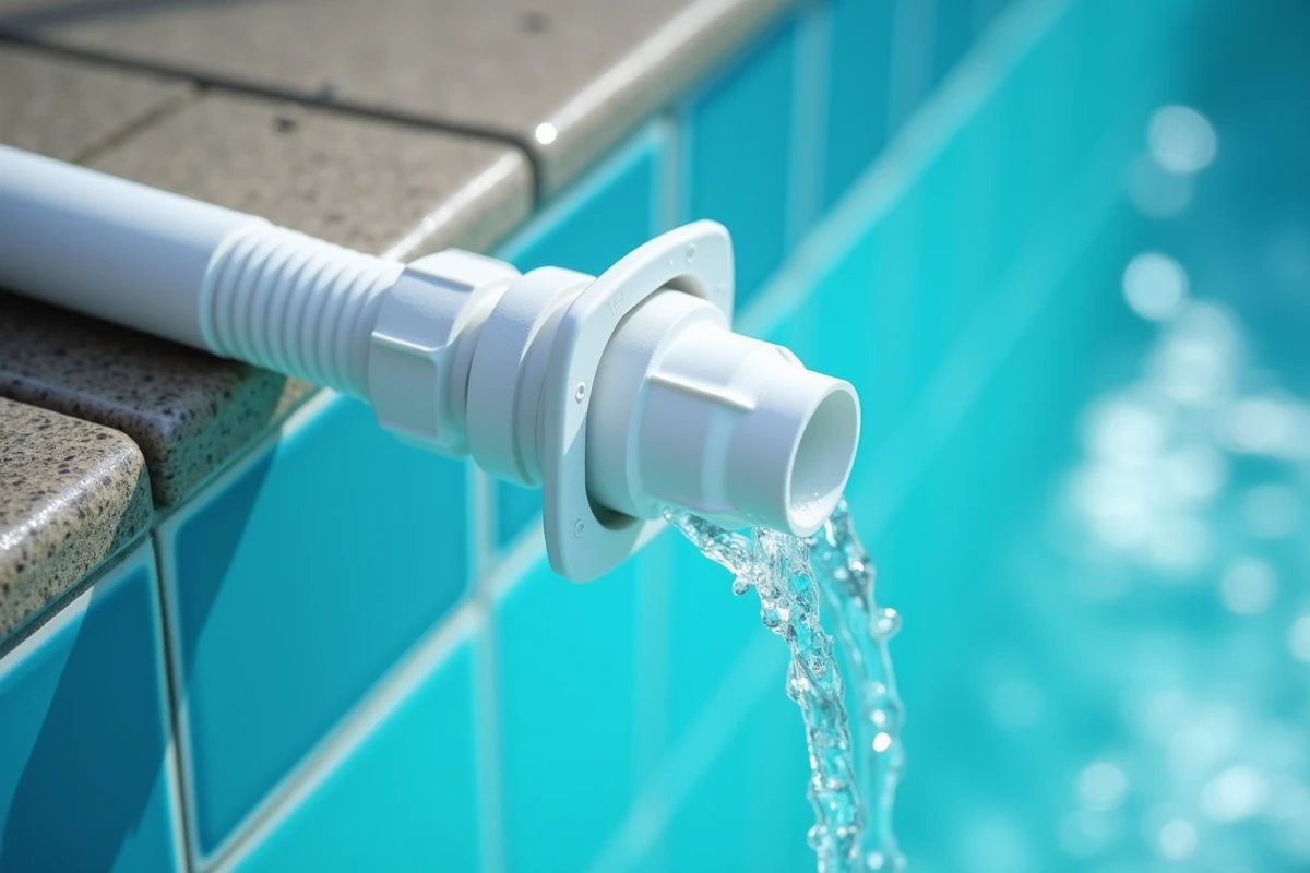 Gros plan sur la connexion du tuyau d'aspirateur dans la prise balai du skimmer d'une piscine