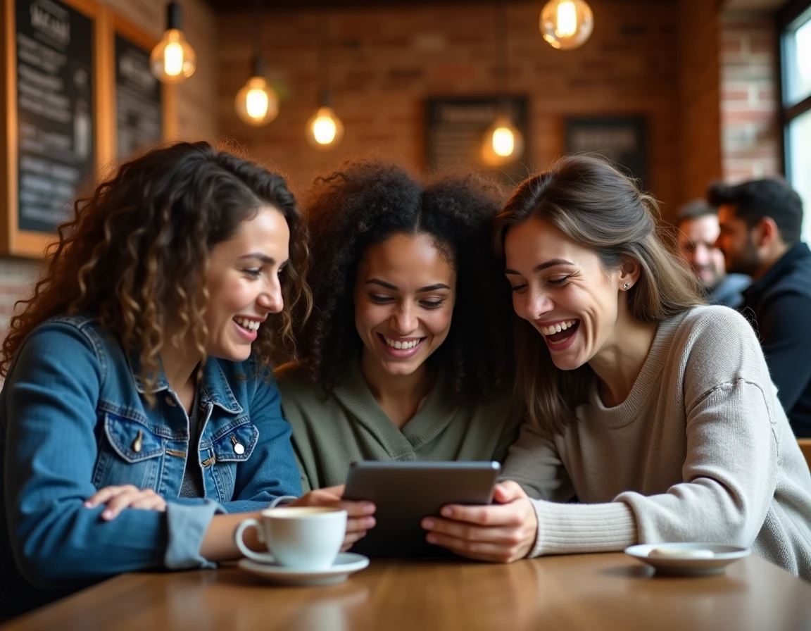 Groupe de jeunes adultes dans un café réagissant à des actualités insolites sur une tablette numérique