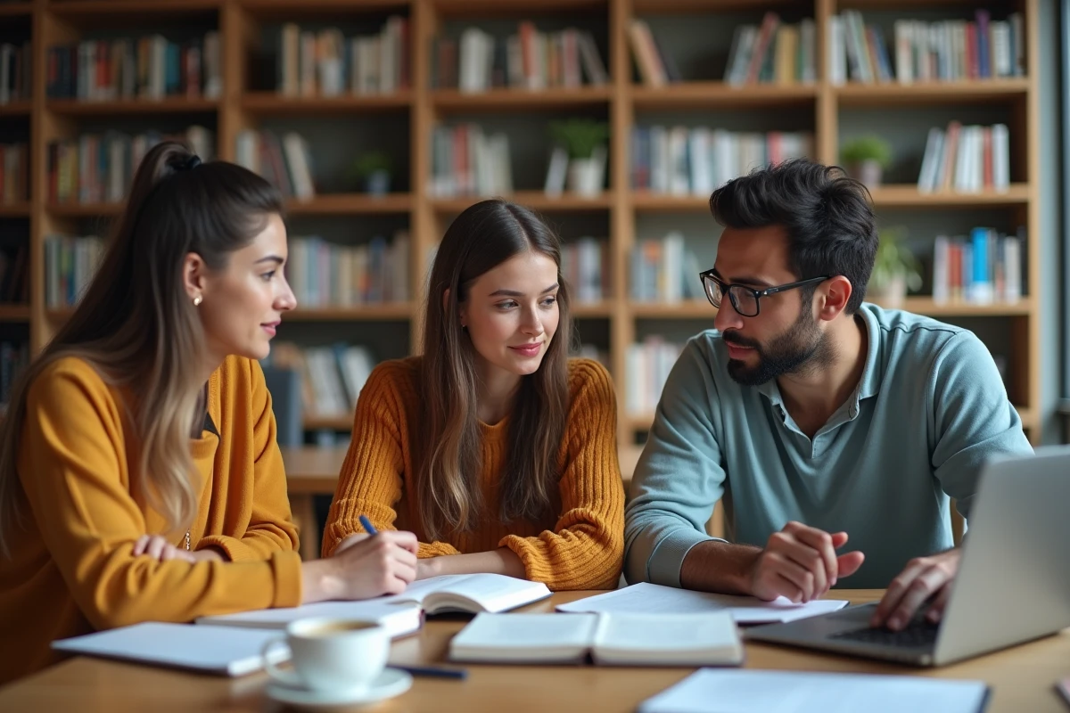Groupe d'étudiants adultes consultant des ressources sur la validation d'un titre professionnel pour accéder à une licence