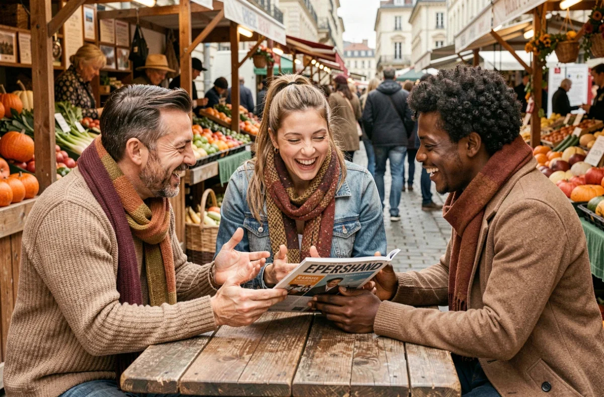 Groupe de lecteurs discutant d'Epershand Magazine autour d'une table au marché de Bordeaux un matin d'automne