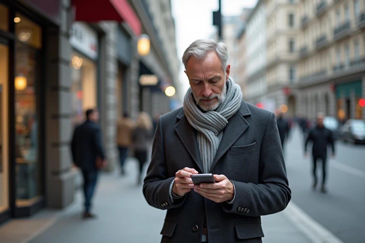 Homme lisant les dernières actualités sur son smartphone en pleine rue dans une ville européenne