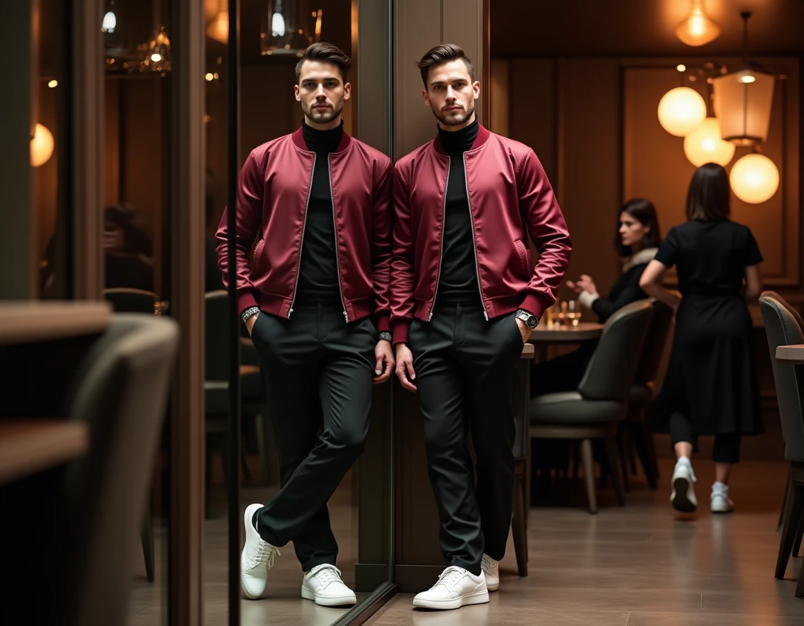 Homme en veste bomber satin bordeaux et pantalon slim dans un club branché, style clubwear masculin tendance