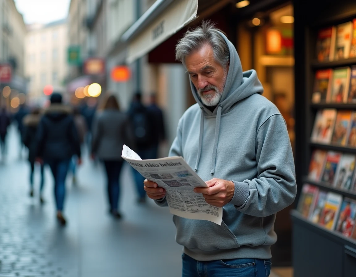 Homme lisant un journal gratuit devant un kiosque à journaux dans une rue urbaine européenne sous la pluie