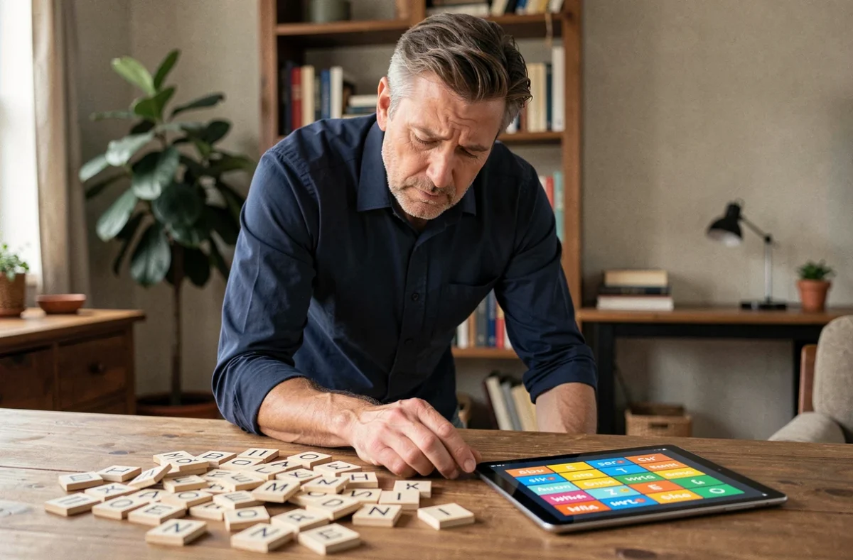 Homme concentré sur un jeu de puzzle de mots avec tuiles de lettres et tablette sur un bureau